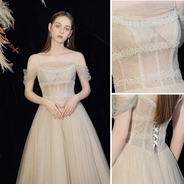 Sparkly Champagne Beading Glitter Prom Dresses 2022 A-Line / Princess Spaghetti Straps Short Sleeve Backless Floor-Length / Long Prom Formal Dresses