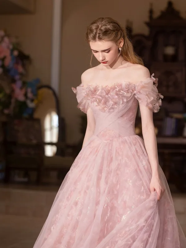 Chic / Beautiful Blushing Pink Appliques Prom Dresses 2025 A-Line / Princess Off-The-Shoulder Short Sleeve Backless Floor-Length / Long Formal Dresses
