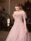 Chic / Beautiful Blushing Pink Appliques Prom Dresses 2025 A-Line / Princess Off-The-Shoulder Short Sleeve Backless Floor-Length / Long Formal Dresses
