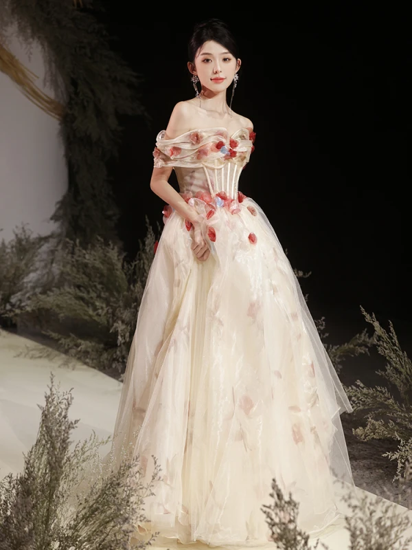 Flower Fairy White Beading Appliques Prom Dresses 2023 A-Line / Princess Off-The-Shoulder Sleeveless Backless Floor-Length / Long Prom Formal Dresses