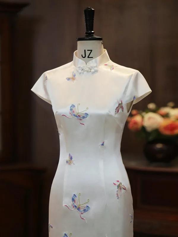 Chinese style White Embroidered Butterfly Tea-length Cheongsam 2026 Trumpet / Mermaid High Neck Cap Sleeves