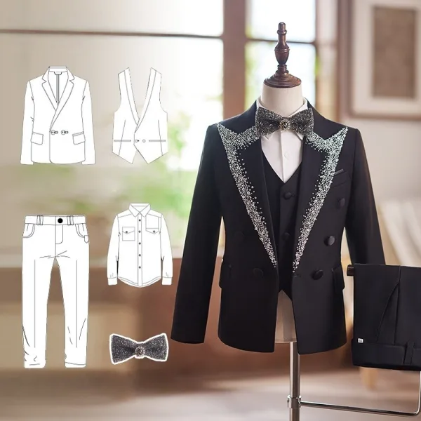 Black Long Sleeve Rhinestone 5-piece Wedding Boys Wedding Suits 2025 Body Jewellery Coat Pants Shirt Tie Vest