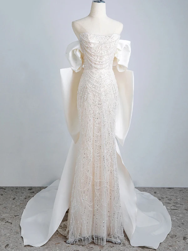 Scintillantes Sexy Ivoire Perle Paillettes Robe De Soirée 2023 Trompette / Sirène Bustier Sans Manches Dos Nu Noeud Train De Balayage Soirée Robe De Ceremonie