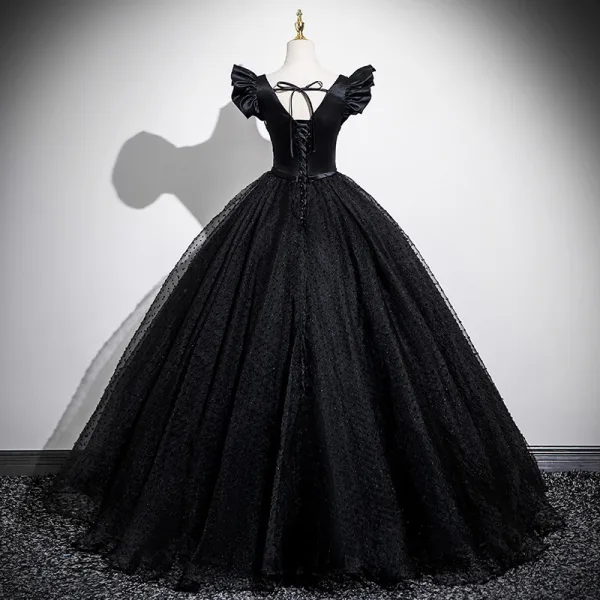 Elegante Schwarz Glanz Ballkleider 2025 Ballkleid Eckiger Ausschnitt Schleife Stoffgürtel Ärmel Rückenfreies Lange Ball Festliche Kleider
