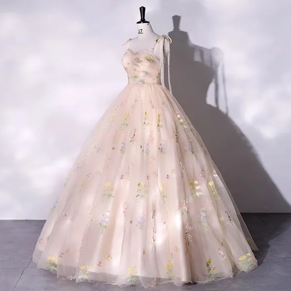 Chic / Beautiful Champagne Lace Flower Floral Prom Dresses 2023 Ball Gown Spaghetti Straps Sleeveless Backless Floor-Length / Long Prom Formal Dresses