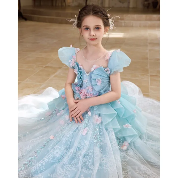 Flower Fairy Sky Blue Appliques Pearl Sequins Birthday Flower Girl Dresses 2025 Ball Gown Scoop Neck Cap Sleeves Backless Floor-Length / Long