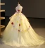 Elegant Yellow Rhinestone Appliques Cascading Ruffles Prom Dresses 2023 Ball Gown Strapless Sleeveless Backless Floor-Length / Long Prom Formal Dresses