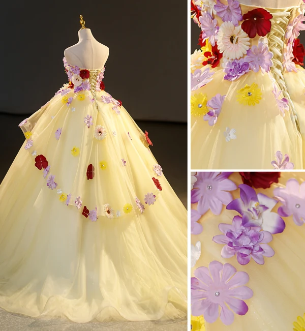 Elegant Yellow Rhinestone Appliques Cascading Ruffles Prom Dresses 2023 Ball Gown Strapless Sleeveless Backless Floor-Length / Long Prom Formal Dresses