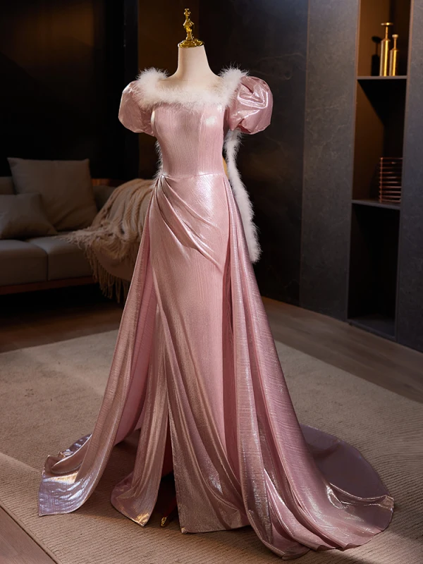 Élégant Rougissant Rose Robe De Bal 2024 Trompette / Sirène Encolure Carrée Gonflée Manches Courtes Dos Nu Train De Balayage Promo Robe De Ceremonie