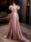 Élégant Rougissant Rose Robe De Bal 2024 Trompette / Sirène Encolure Carrée Gonflée Manches Courtes Dos Nu Train De Balayage Promo Robe De Ceremonie