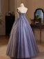 Chic / Beautiful Ocean Blue Appliques Prom Dresses 2024 A-Line / Princess Strapless Sleeveless Backless Floor-Length / Long Prom Formal Dresses