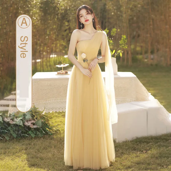Modest / Simple Daffodil Bridesmaid Dresses 2022 A-Line / Princess Short Sleeve Backless Floor-Length / Long Bridesmaid