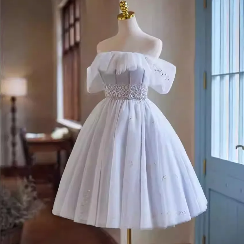 white christmas dresses Elegant White Square Neck Long Sleeve Bubble Sleeve Modest Dress Abaya main image 0