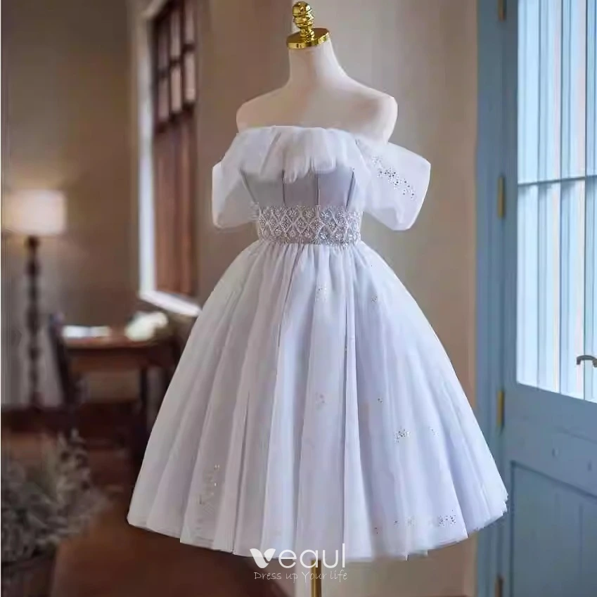 Modest Simple White Beading Sequins Homecoming Graduation Dresses 2024 Off  The Shoulder Short Sleeve Backless Short Formal Dresses