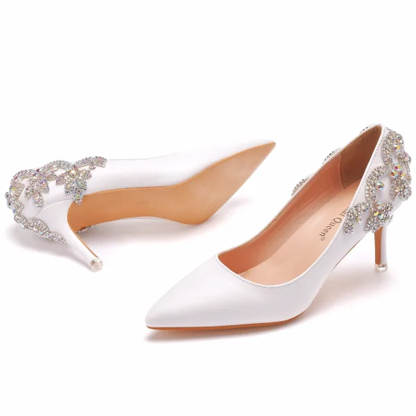 Charmant Witte Rhinestone Bruidsschoenen 2023 7 cm Naaldhakken / Stiletto Spitse Neus Huwelijk Pumps Hoge Hakken