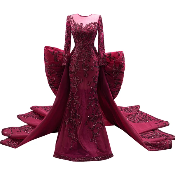 Vintage / Retro High-end Burgundy Sequins Evening Dresses 2022 Trumpet / Mermaid Scoop Neck Long Sleeve Bow Royal Train Prom Formal Dresses