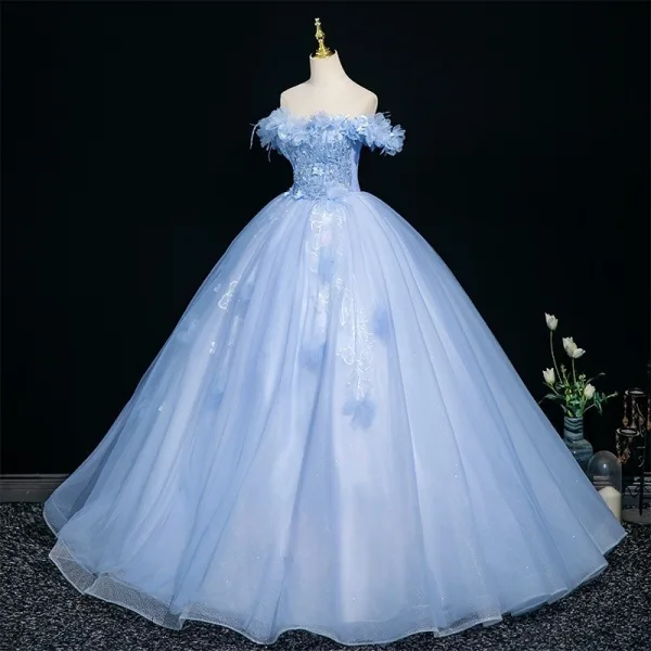 Elegant Sky Blue Beading Appliques Prom Dresses 2025 Ball Gown Off-The-Shoulder Short Sleeve Backless Floor-Length / Long Formal Dresses
