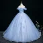 Elegant Sky Blue Beading Appliques Prom Dresses 2025 Ball Gown Off-The-Shoulder Short Sleeve Backless Floor-Length / Long Formal Dresses