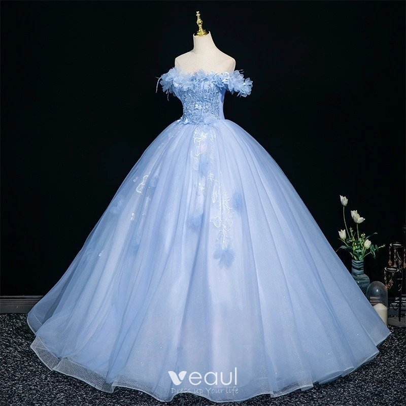 Elegant Sky Blue Beading Appliques Prom Dresses 2025 Ball Gown Off-The-Shoulder Short