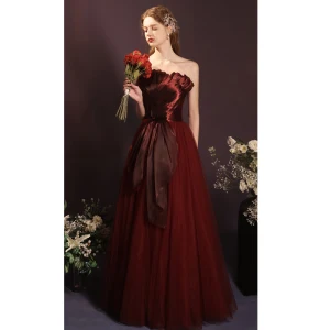 Charming Burgundy Bow Prom Dresses 2023 A Line Princess Strapless Sleeveless Backless Floor Length Long Prom Formal Dresses
