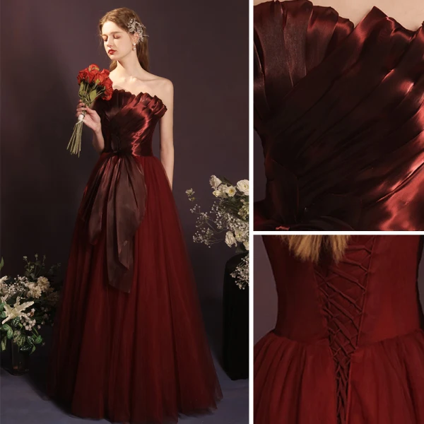 Charming Burgundy Bow Prom Dresses 2023 A-Line / Princess Strapless Sleeveless Backless Floor-Length / Long Prom Formal Dresses