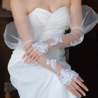 Elegant Hvit Håndlaget Beading Blonder Blomst Paljetter Bryllup Brudehansker 2025