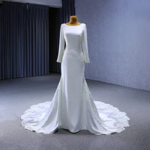 Haut De Gamme Blanche Perlage En Dentelle Fleur Robe De Mariée 2023 Trompette Sirène Encolure Dégagée Manches Longues Dos Nu Chapel Train Mariage