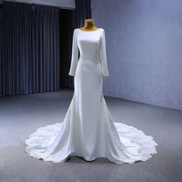 High End White Beading Lace Flower Wedding Dresses 2023 Trumpet Mermaid Scoop Neck Long Sleeve Backless Chapel Train Wedding