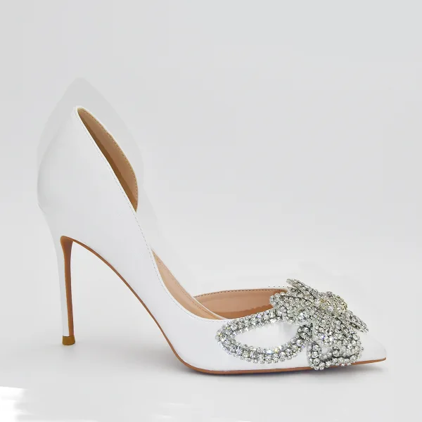 Charmant Weiß Leder Strass Schmetterling Brautschuhe 2022 Spitzschuh 10 cm Stilettos Hochzeit Hochhackige