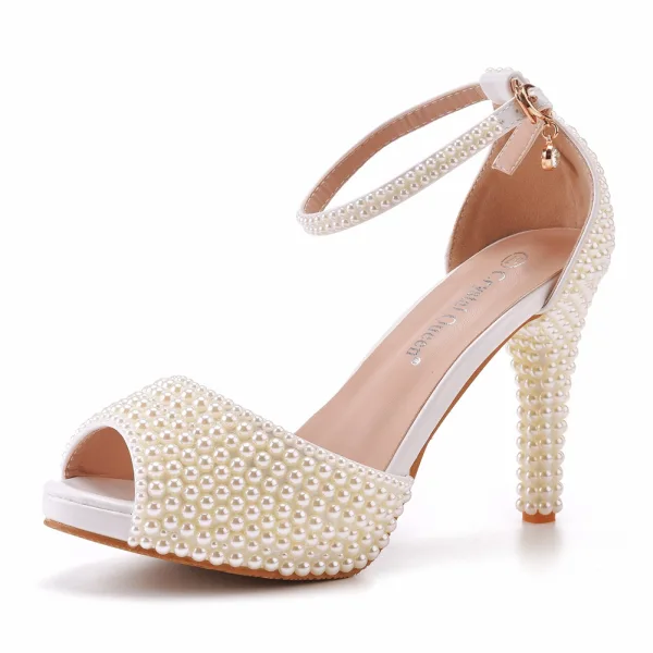 Chic / Beautiful White Pearl Wedding Shoes 2023 10 cm Stiletto Heels Open / Peep Toe Wedding Sandals High Heels