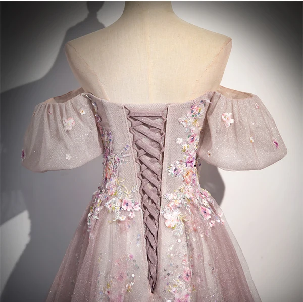 Schöne Rosa Perlenstickerei Applikationen Pailletten Ballkleider 2024 A Linie Off Shoulder Kurze Ärmel Rückenfreies Lange Ball Festliche Kleider