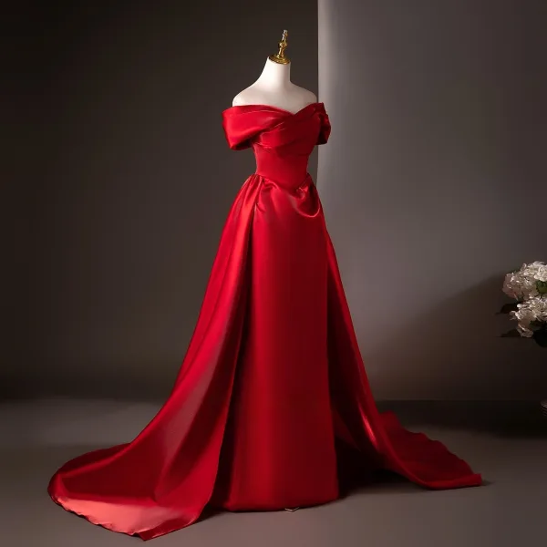 Modest / Simple Red Satin Prom Dresses 2025 Trumpet / Mermaid Off-The-Shoulder Short Sleeve Backless Sweep Train Formal Dresses