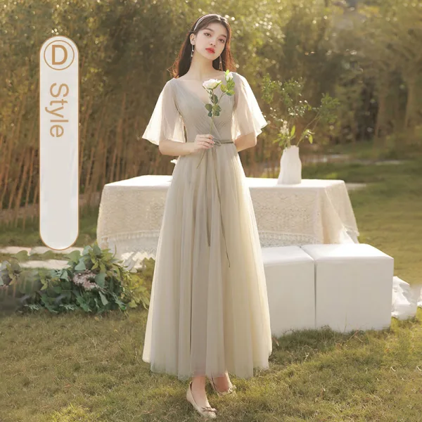 Modest / Simple Grey Bridesmaid Dresses 2022 A-Line / Princess Short Sleeve Backless Floor-Length / Long Bridesmaid