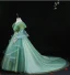 Chic / Beautiful Sage Green Appliques Lace Flower Pearl Cascading Ruffles Birthday Flower Girl Dresses 2024 Ball Gown V-Neck Short Sleeve Court Train