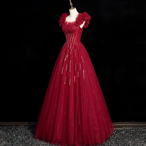 Charming Burgundy Beading Sequins Evening Dresses 2023 A-Line / Princess Puffy Off-The-Shoulder Short Sleeve Backless Floor-Length / Long Evening Party Formal Dresses