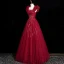 Charming Burgundy Beading Sequins Evening Dresses 2023 A-Line / Princess Puffy Off-The-Shoulder Short Sleeve Backless Floor-Length / Long Evening Party Formal Dresses