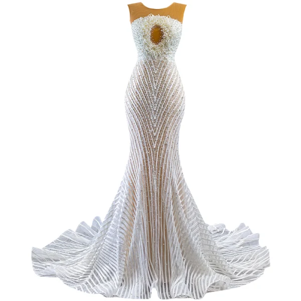 Luxury / Gorgeous White Beading Pearl Wedding Dresses 2022 Trumpet / Mermaid Scoop Neck Sleeveless Backless Court Train Wedding