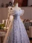 Chic / Beautiful Sky Blue Beading Appliques Prom Dresses 2025 A-Line / Princess Off-The-Shoulder Short Sleeve Backless Floor-Length / Long Formal Dresses