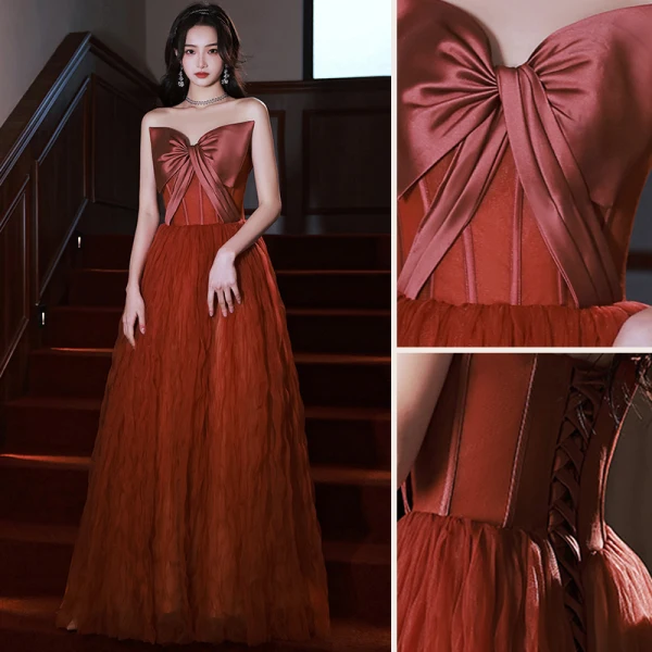 Charming Burgundy Bow Strapless Evening Dresses 2022 A-Line / Princess Sleeveless Backless Floor-Length / Long Evening Party Formal Dresses