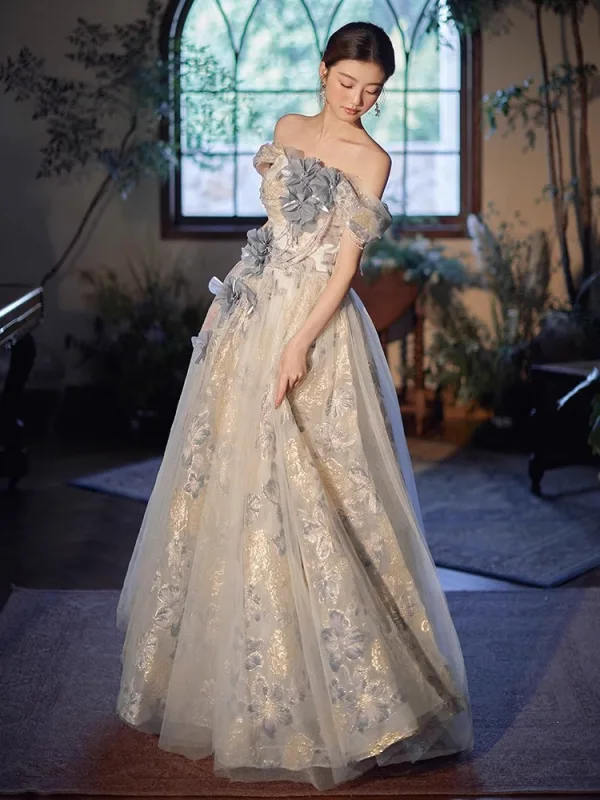 Chic / Belle Blanche Perlage Appliques Robe De Bal 2024 Princesse De l'épaule Manches Courtes Dos Nu Longue Promo Robe De Ceremonie