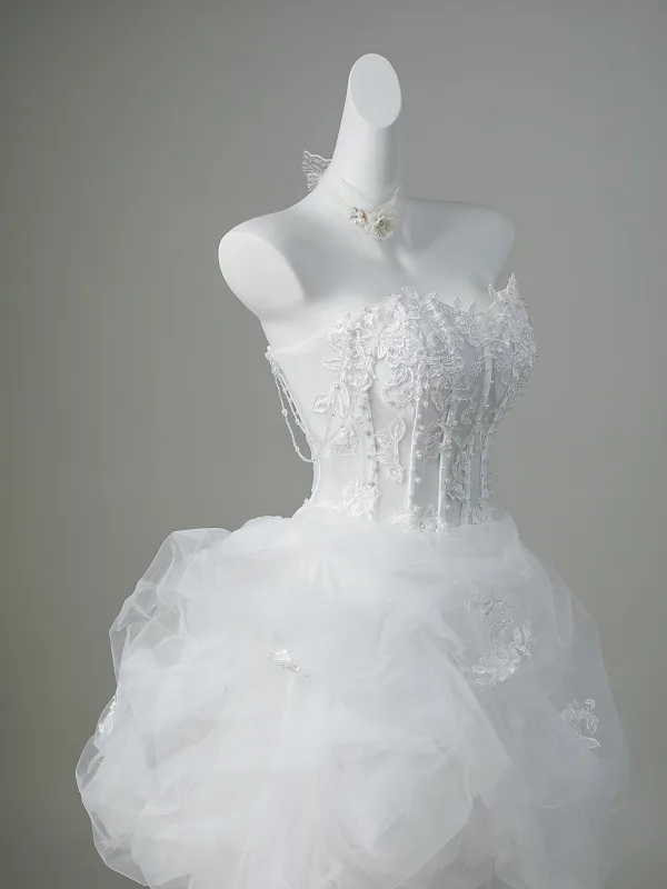 Elegant White Pearl Lace Flower Satin Wedding Dresses 2026 Ball Gown Strapless Sleeveless Backless Floor-Length / Long