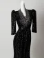 Scintillantes Noire Paillettes Robe De Soirée 2026 Trompette / Sirène V-Cou 3/4 Manches Longue Robe De Ceremonie