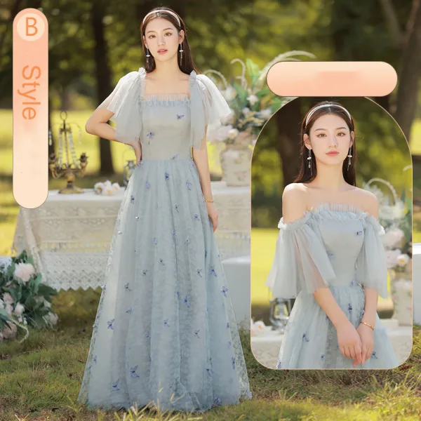 Chic / Belle Bleu Ciel Papillon Appliques Robe Demoiselle D'honneur 2022 Princesse Encolure Carrée Manches Courtes Dos Nu Longue