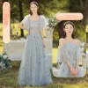 Chic / Beautiful Sky Blue Butterfly Appliques Bridesmaid Dresses 2022 A-Line / Princess Square Neckline Short Sleeve Backless Floor-Length / Long