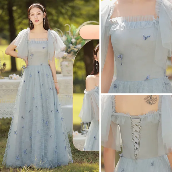 Chic / Belle Bleu Ciel Papillon Appliques Robe Demoiselle D'honneur 2022 Princesse Encolure Carrée Manches Courtes Dos Nu Longue