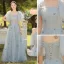 Chic / Belle Bleu Ciel Papillon Appliques Robe Demoiselle D'honneur 2022 Princesse Encolure Carrée Manches Courtes Dos Nu Longue