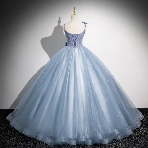 Elegant Sky Blue Pearl Appliques Prom Dresses 2024 Ball Gown Spaghetti Straps Sleeveless Backless Floor-Length / Long Prom Formal Dresses