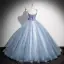 Elegant Sky Blue Pearl Appliques Prom Dresses 2024 Ball Gown Spaghetti Straps Sleeveless Backless Floor-Length / Long Prom Formal Dresses
