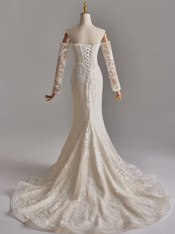 Vintage / Retro White Lace Flower Wedding Dresses 2025 Trumpet / Mermaid Off-The-Shoulder Long Sleeve Backless Sweep Train Wedding