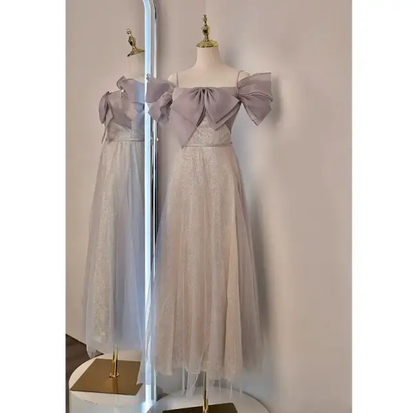 Simple Champagne Noeud Paillettes Robe Demoiselle D'honneur 2022 Princesse De l'épaule Manches Courtes Dos Nu Longue Robe Demoiselle D'honneur